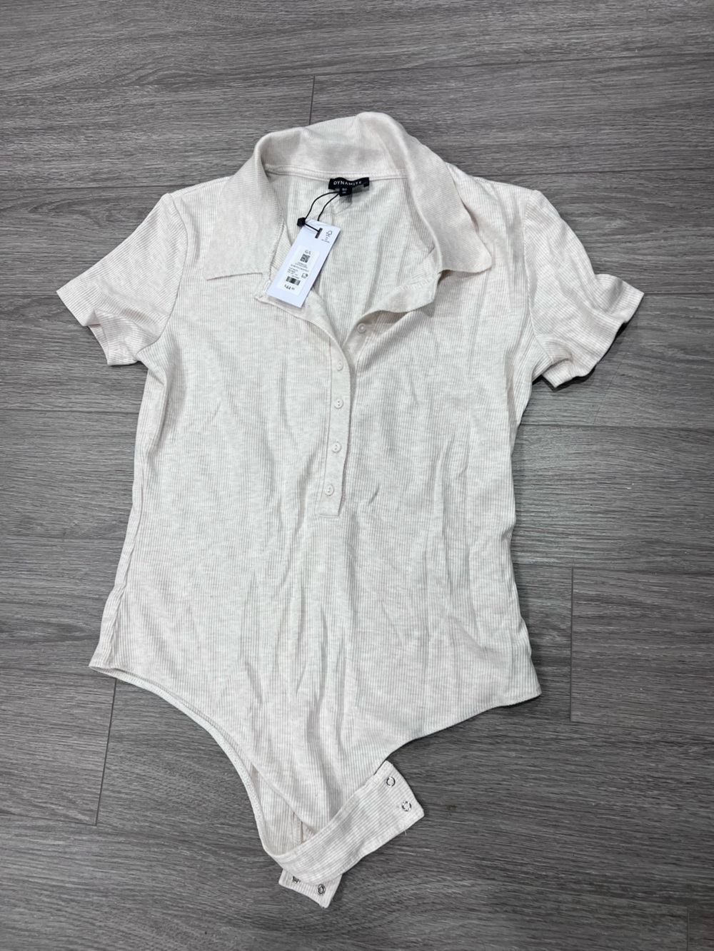 Dynamite Ribbed Oatmeal Beige Cotton Ribbed Short-Sleeve Henley Bodysuit